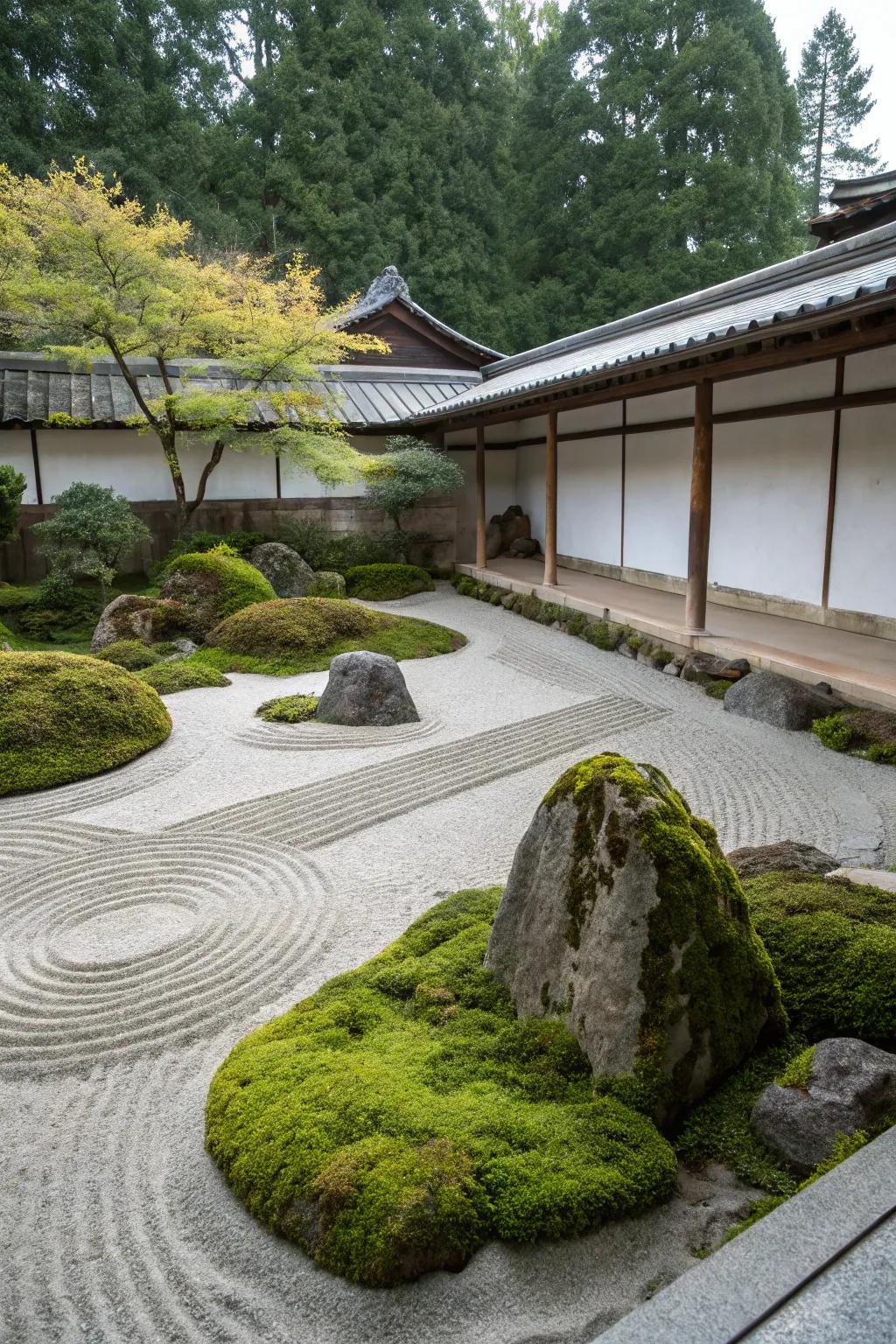 A soothing meditation garden showcasing moss stones and innovative sand artistry.