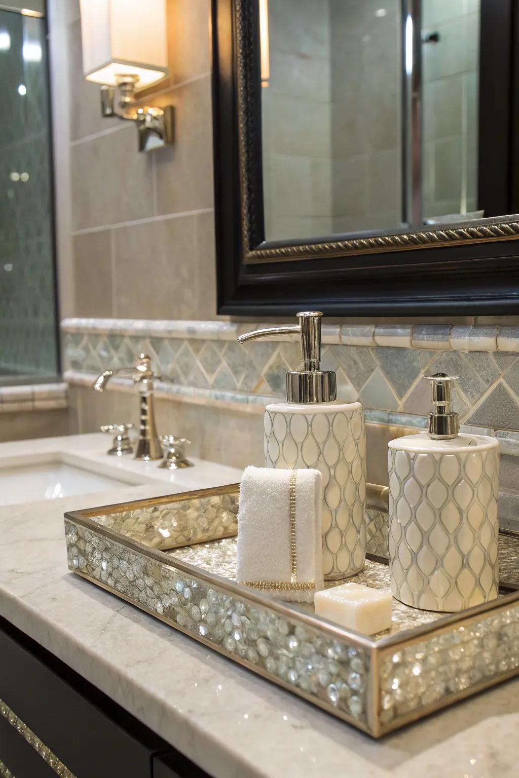 A mother of pearl panel enhances your vanity area, combining glamour with practicality.