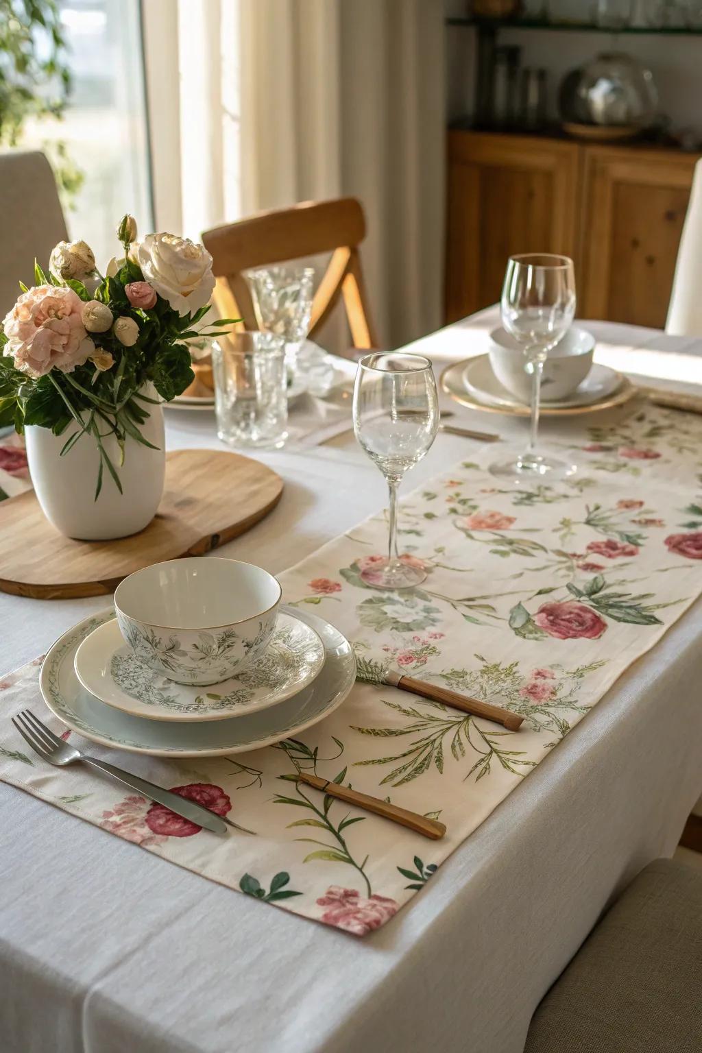 A floral table runner introduces a fresh touch to the dining area.