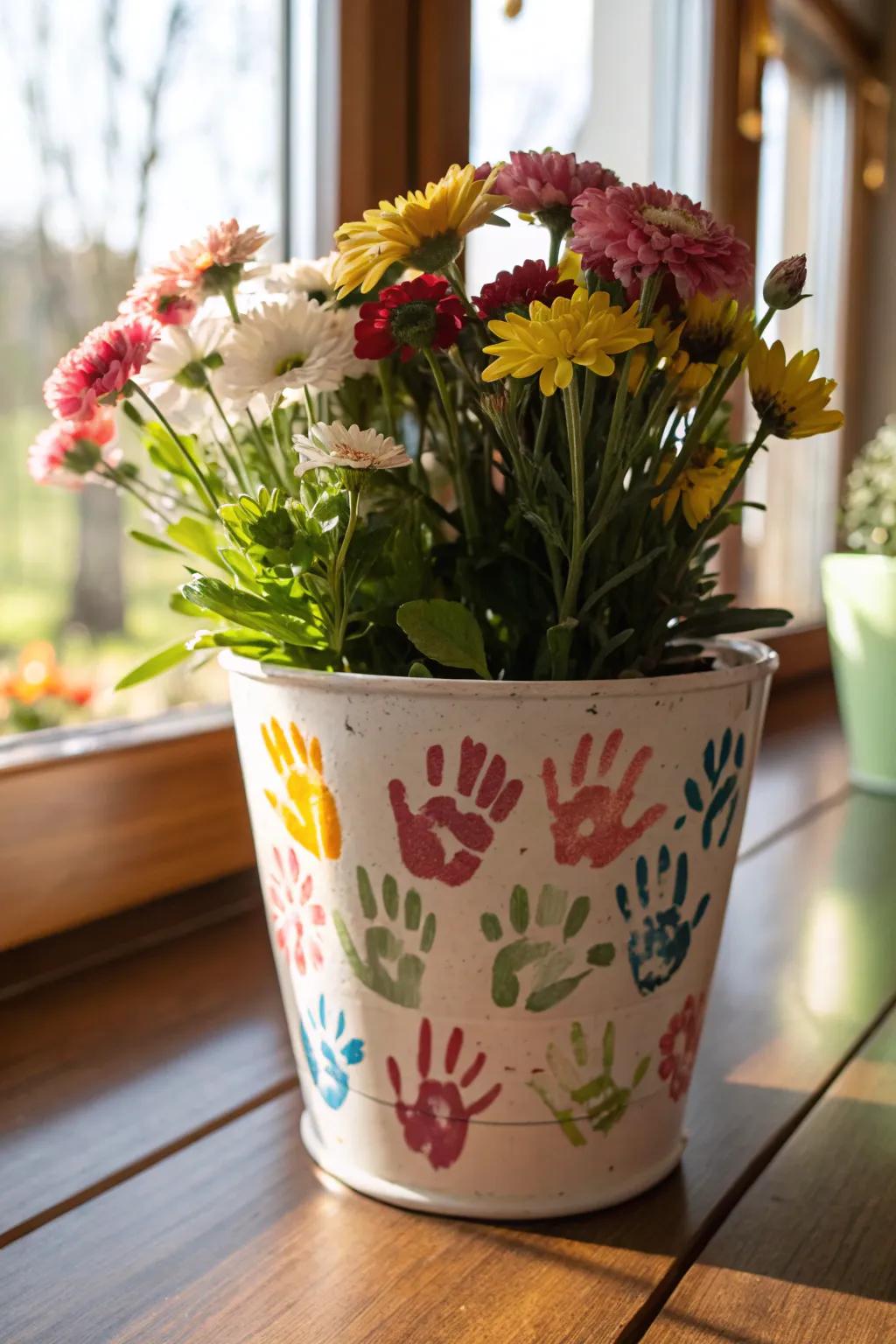 A bloom holder decorated with children's palm prints.