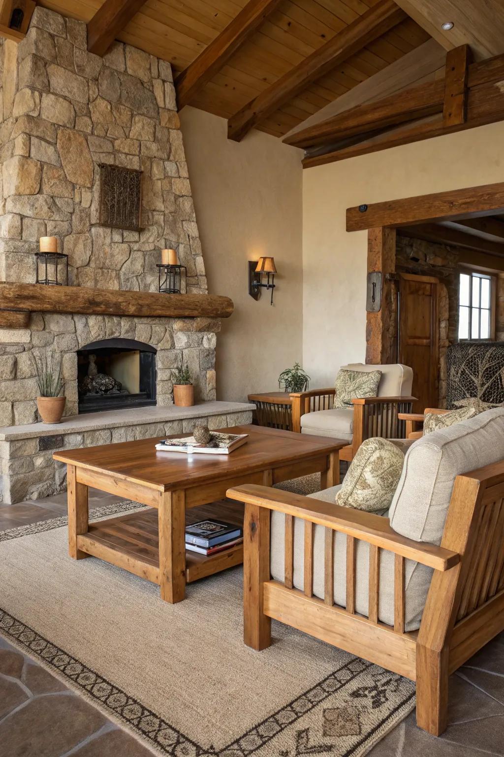 A rustic living area showcasing the appeal of natural elements.
