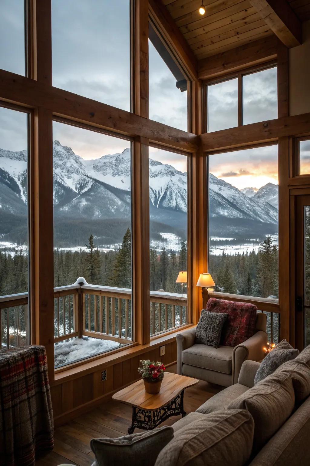 Full-height windows delivering sweeping mountain scenery.