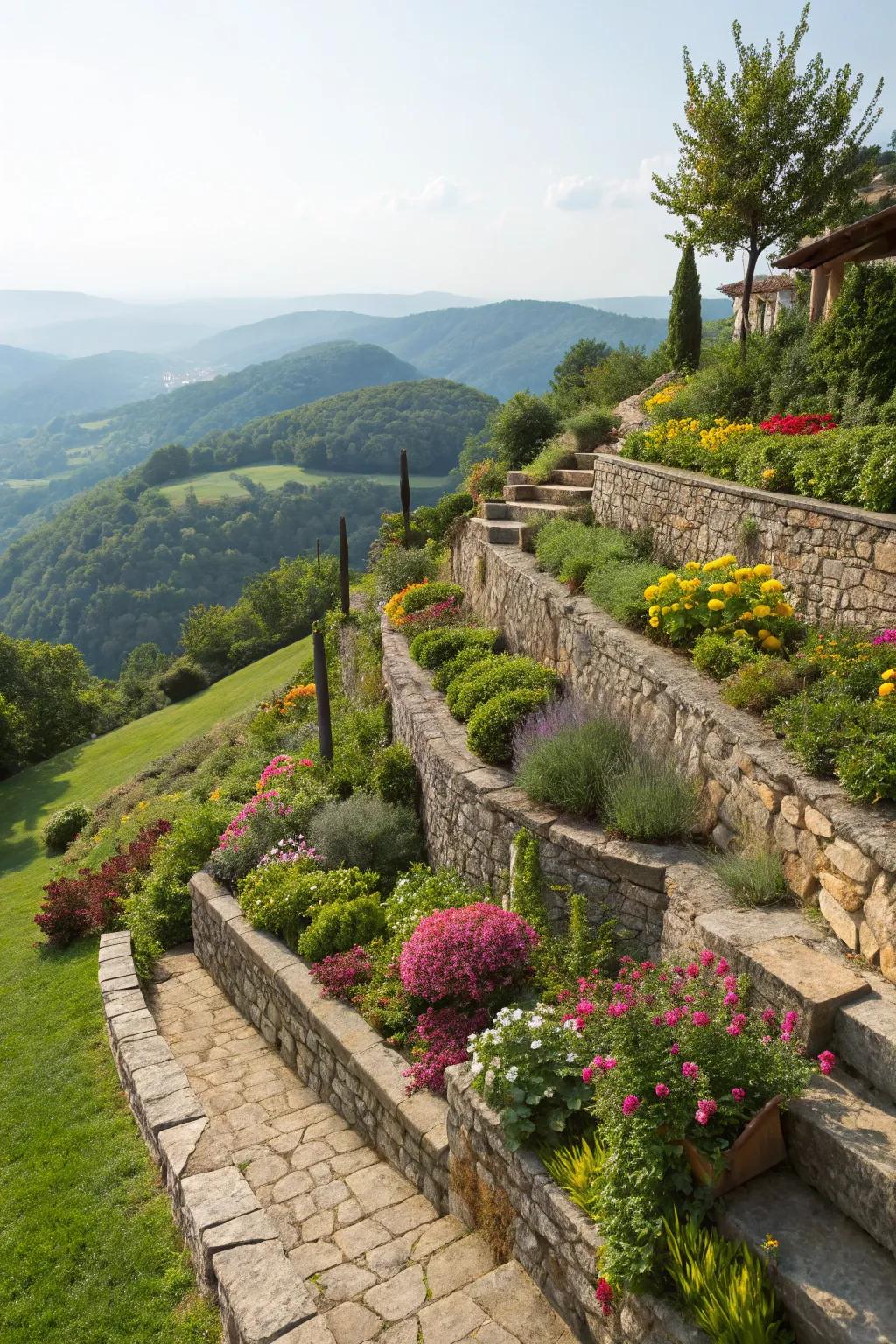 Tiered gardens using stone walls to hold back the earth, giving the area more dimension.