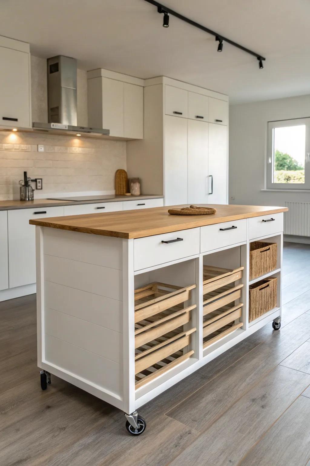 Smart storage integrated into a moveable island