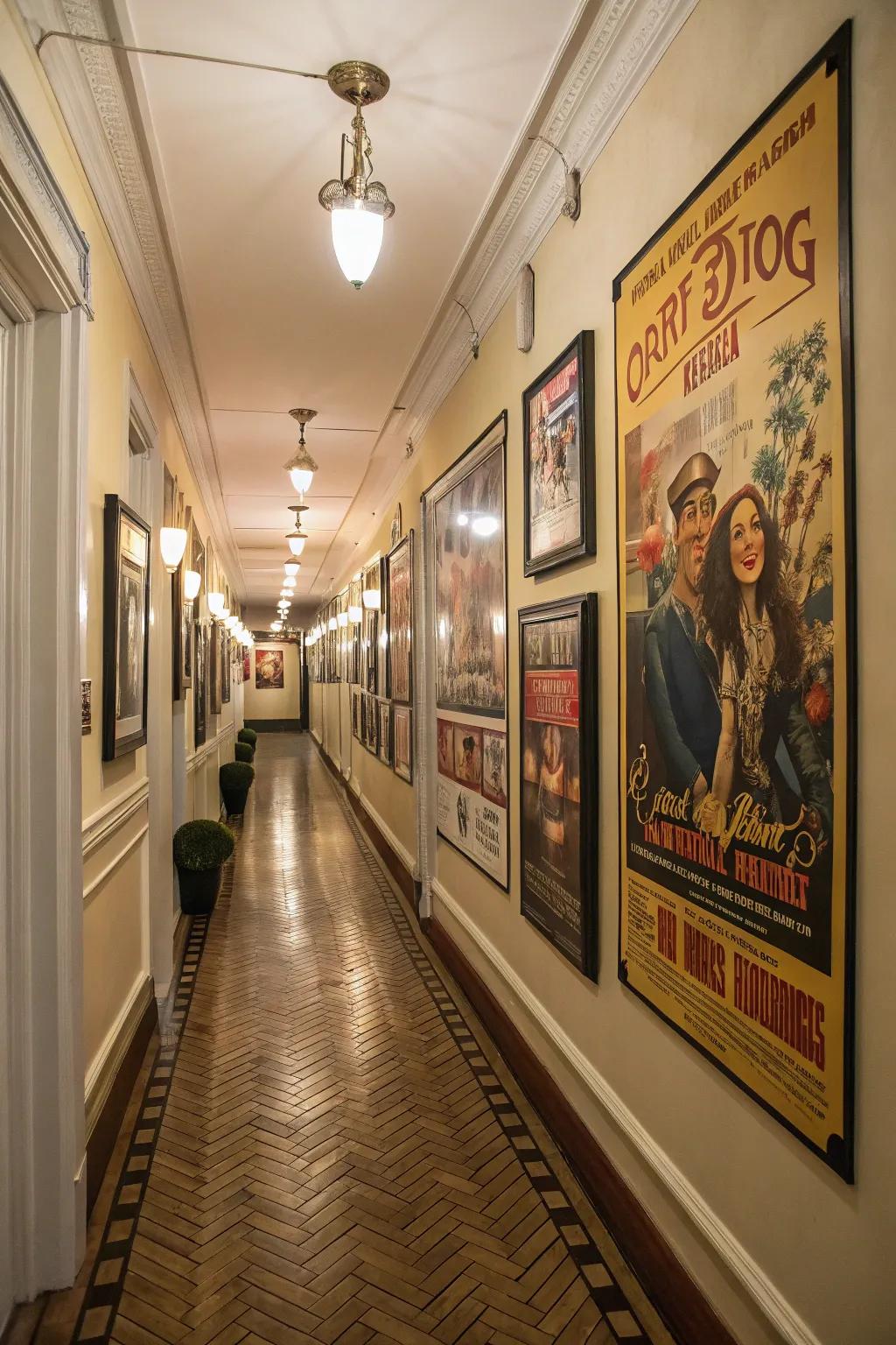 A hallway beautifully adorned with retro and vintage film posters.