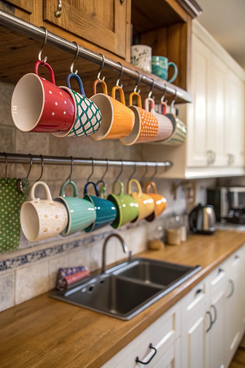 Optimize space by suspending mugs beneath your shelves.