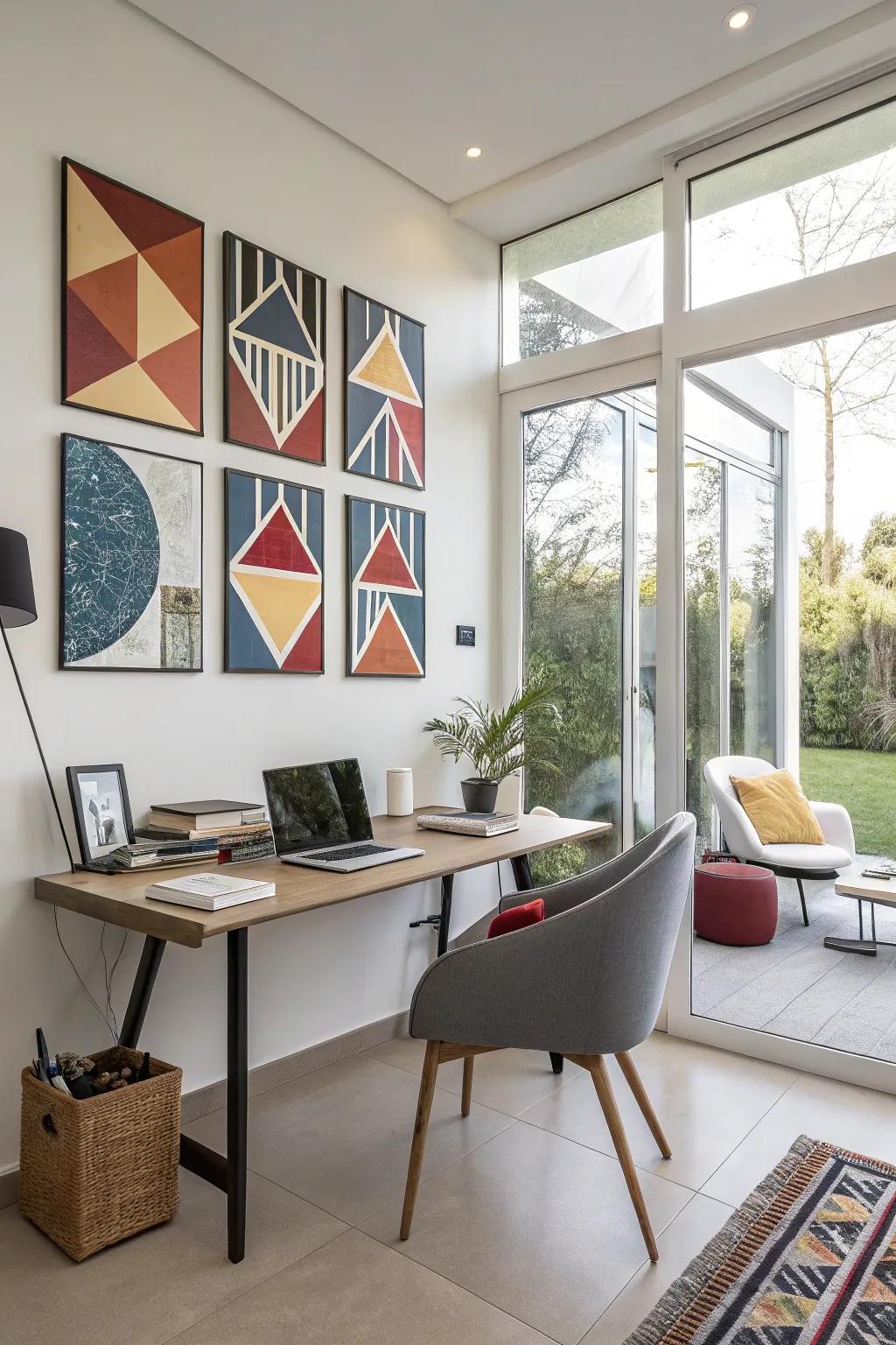 A remarkable geometric multi-canvas painting lending vitality and sophistication to a contemporary workspace.