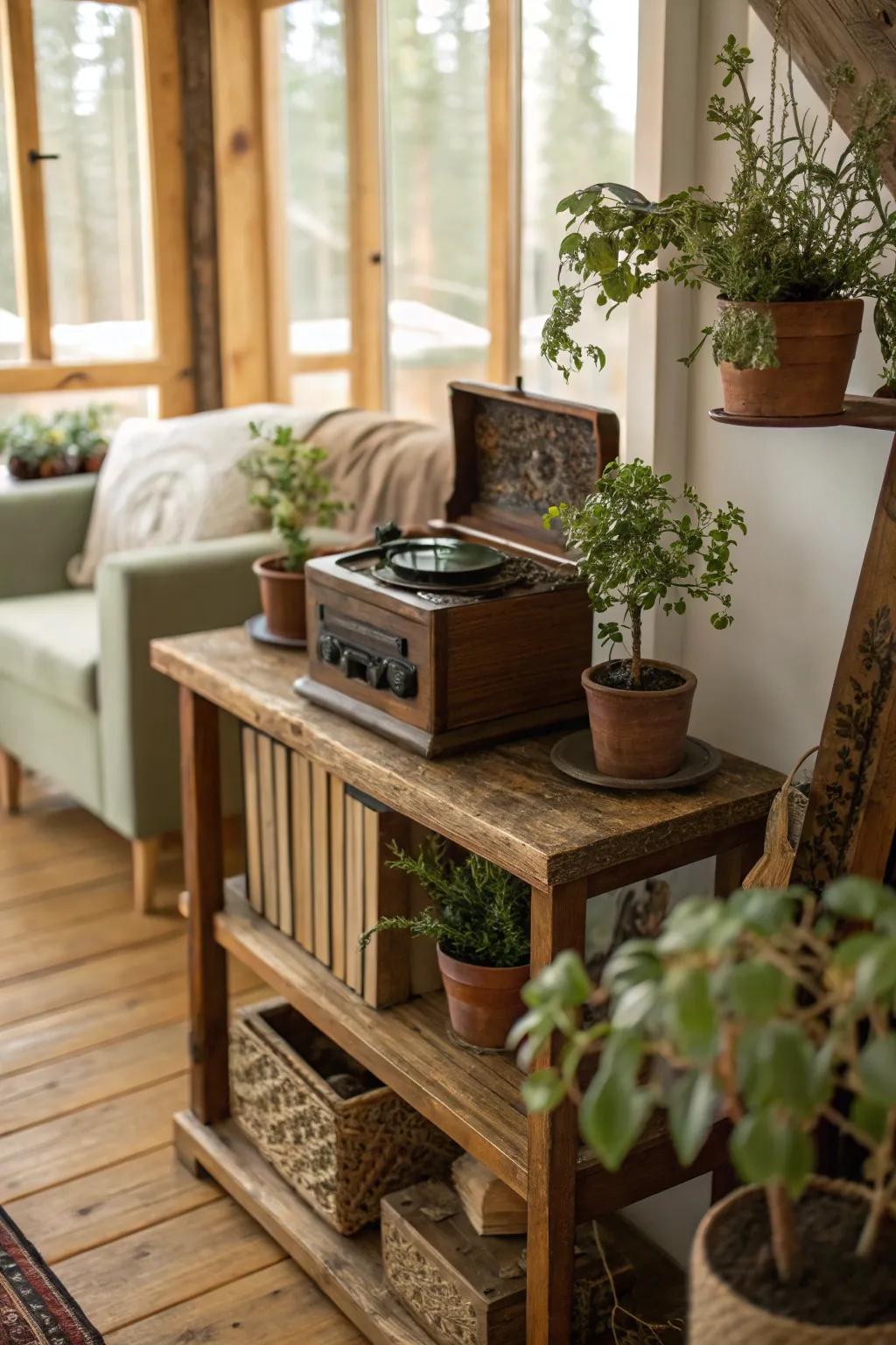 A woodland-themed tune chest nestled amidst nature-evoking decor.
