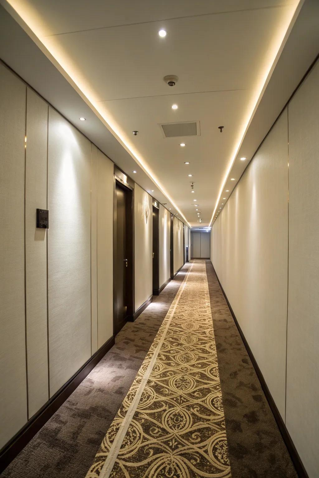 Fitted lights offer a minimalist touch to narrow hallways.