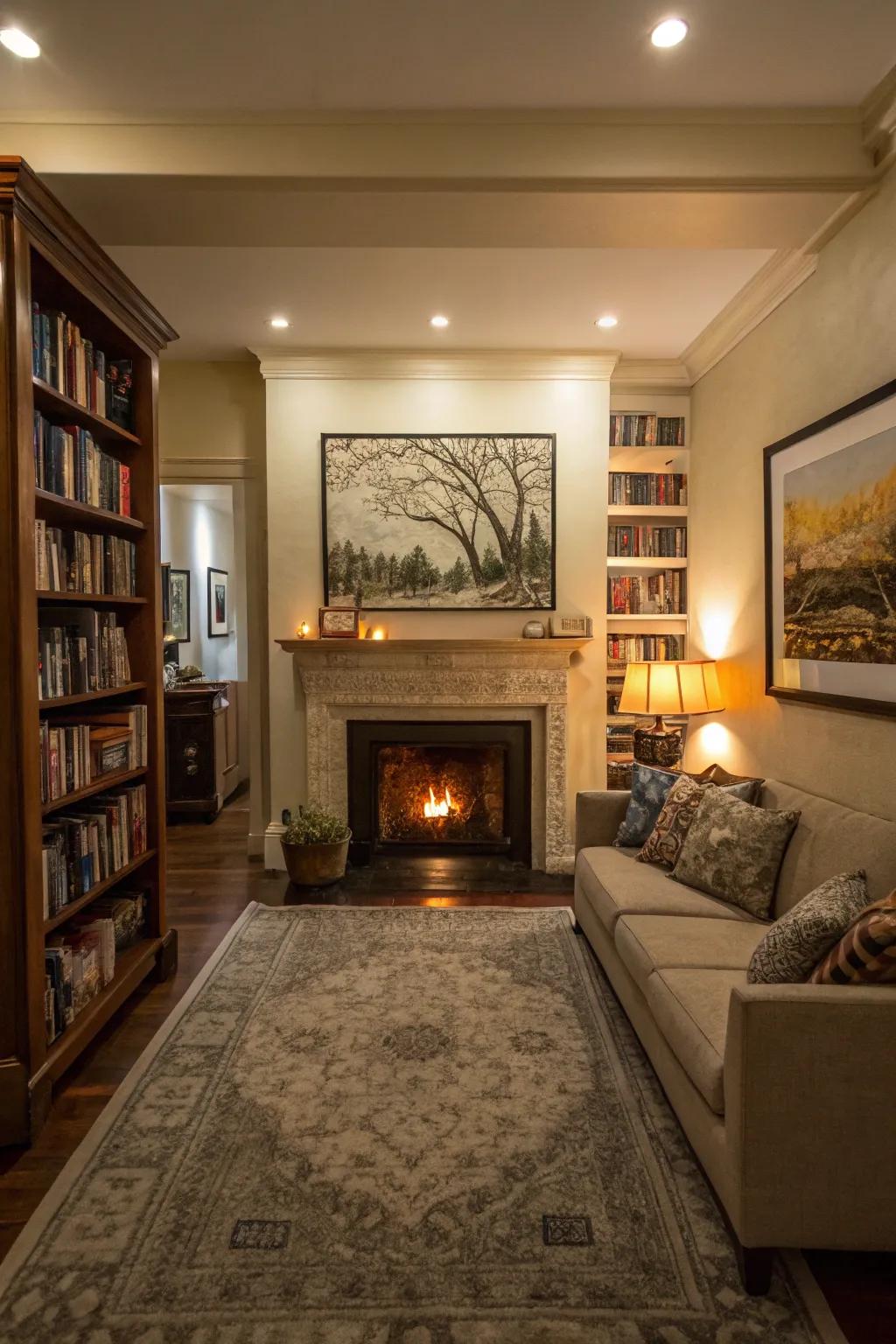 A constrained living space featuring a central focal point that enhances the area.
