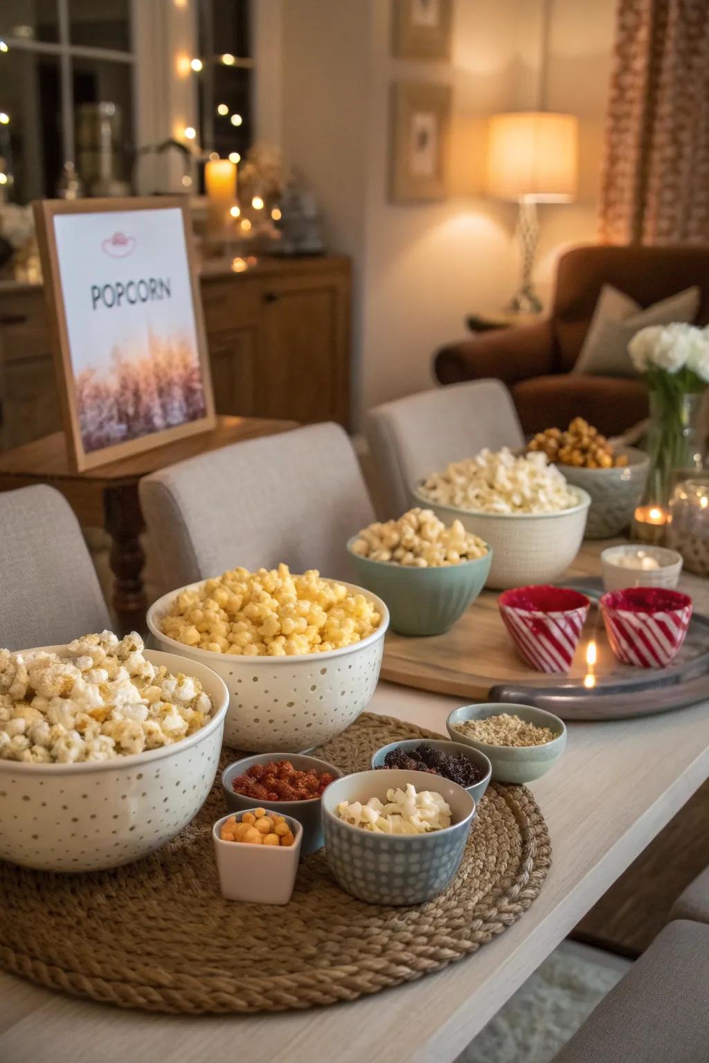 A meticulously arranged table set for a popcorn tasting gathering, featuring an array of exquisite flavors.