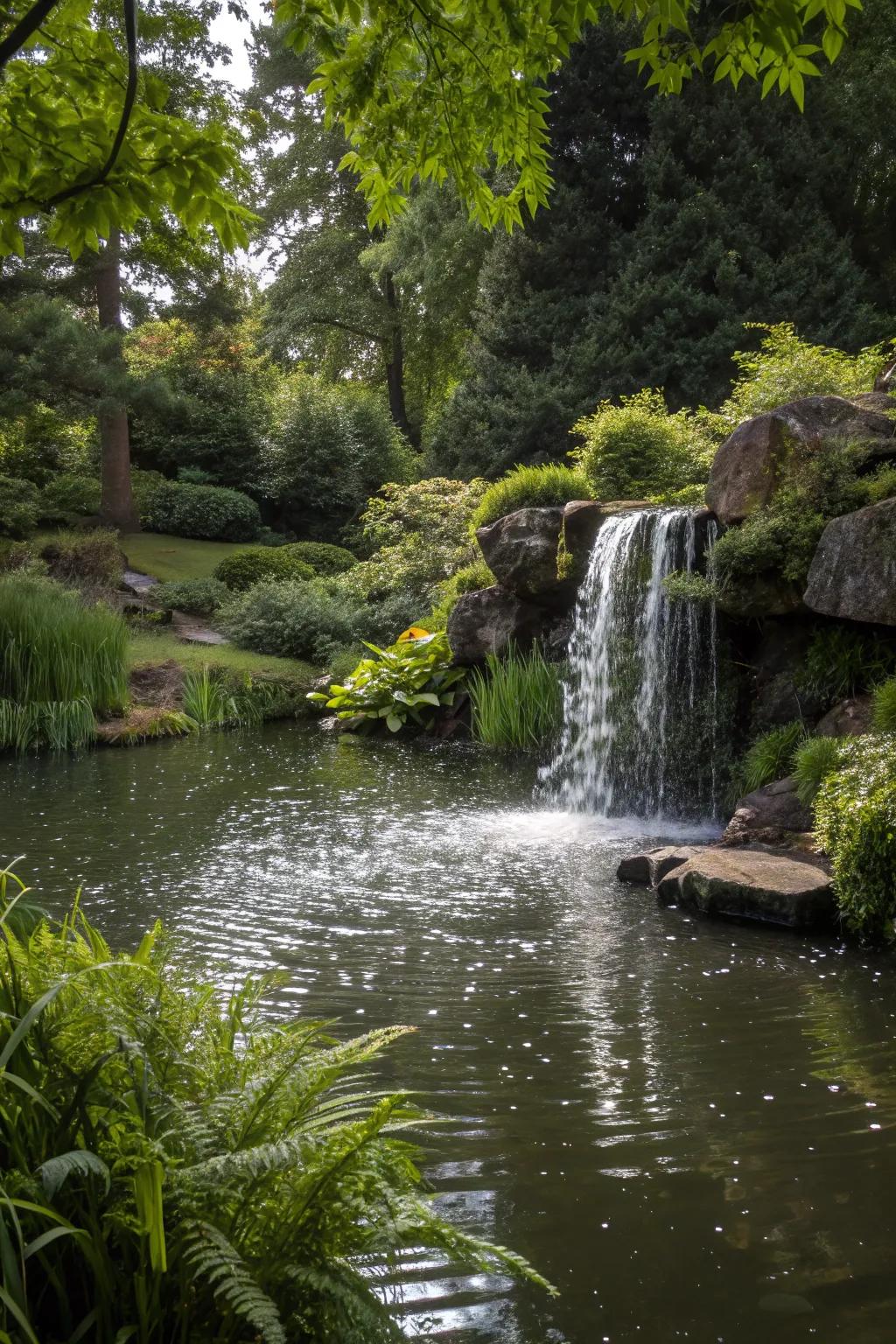 A gentle waterfall infuses movement and sound into a tranquil pond environment.