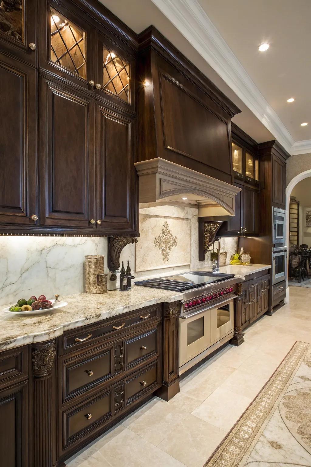 Charcoal timber cabinets emanate an opulent and sophisticated aura.