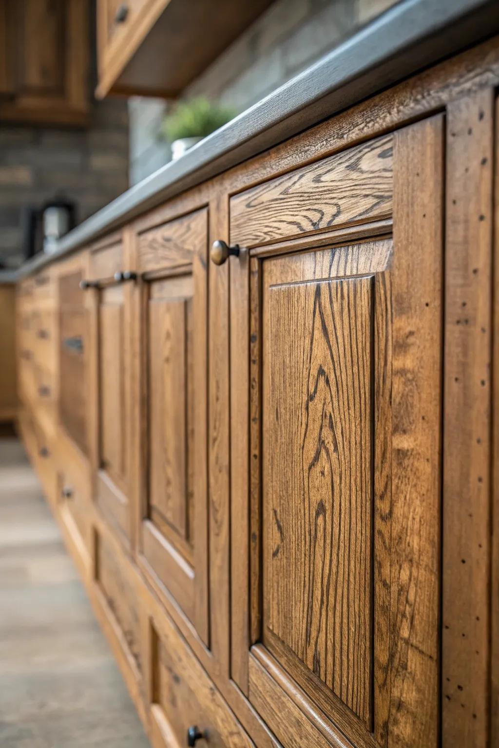 Timber cabinets with unique grain designs enhance depth and character.