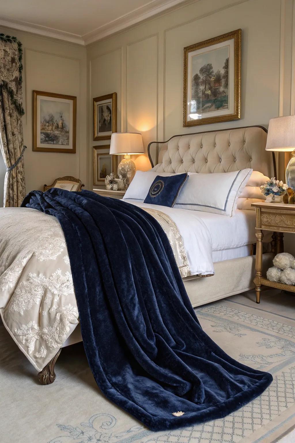 Enhance your bedroom with a luxurious velvet navy throw.