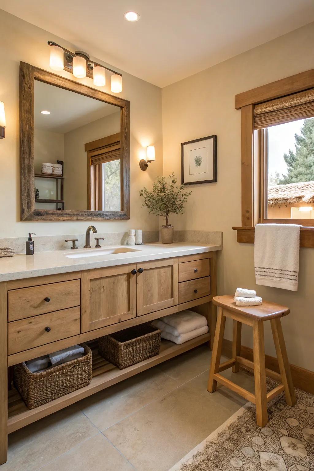 An organic timber furnishing enriches the coziness of this neutral bathroom.