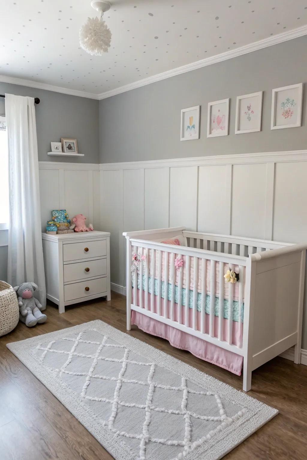 A contemporary nursery featuring faint silver walls.