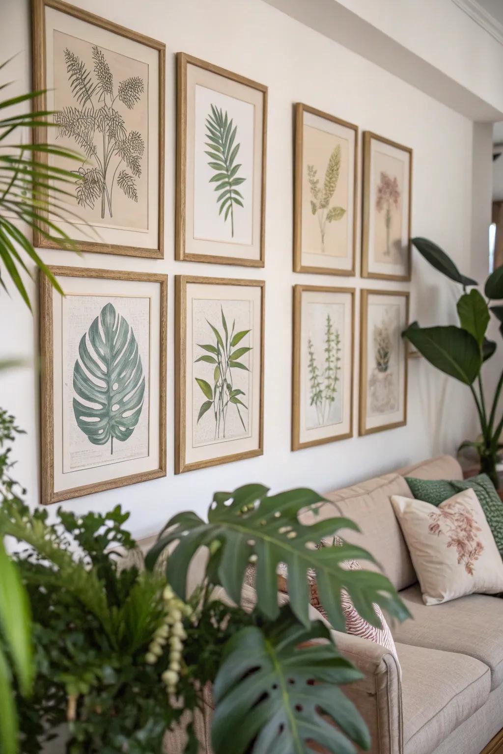 Botanical artworks infuse nature into your neutral setting.