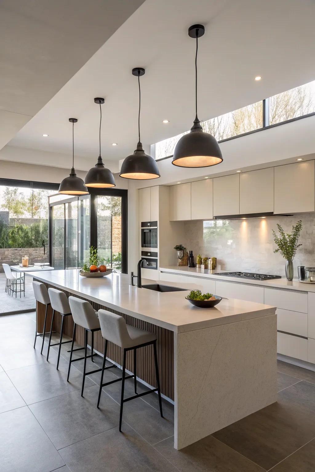 Hanging lamps introducing a modern feel to the cooking area.