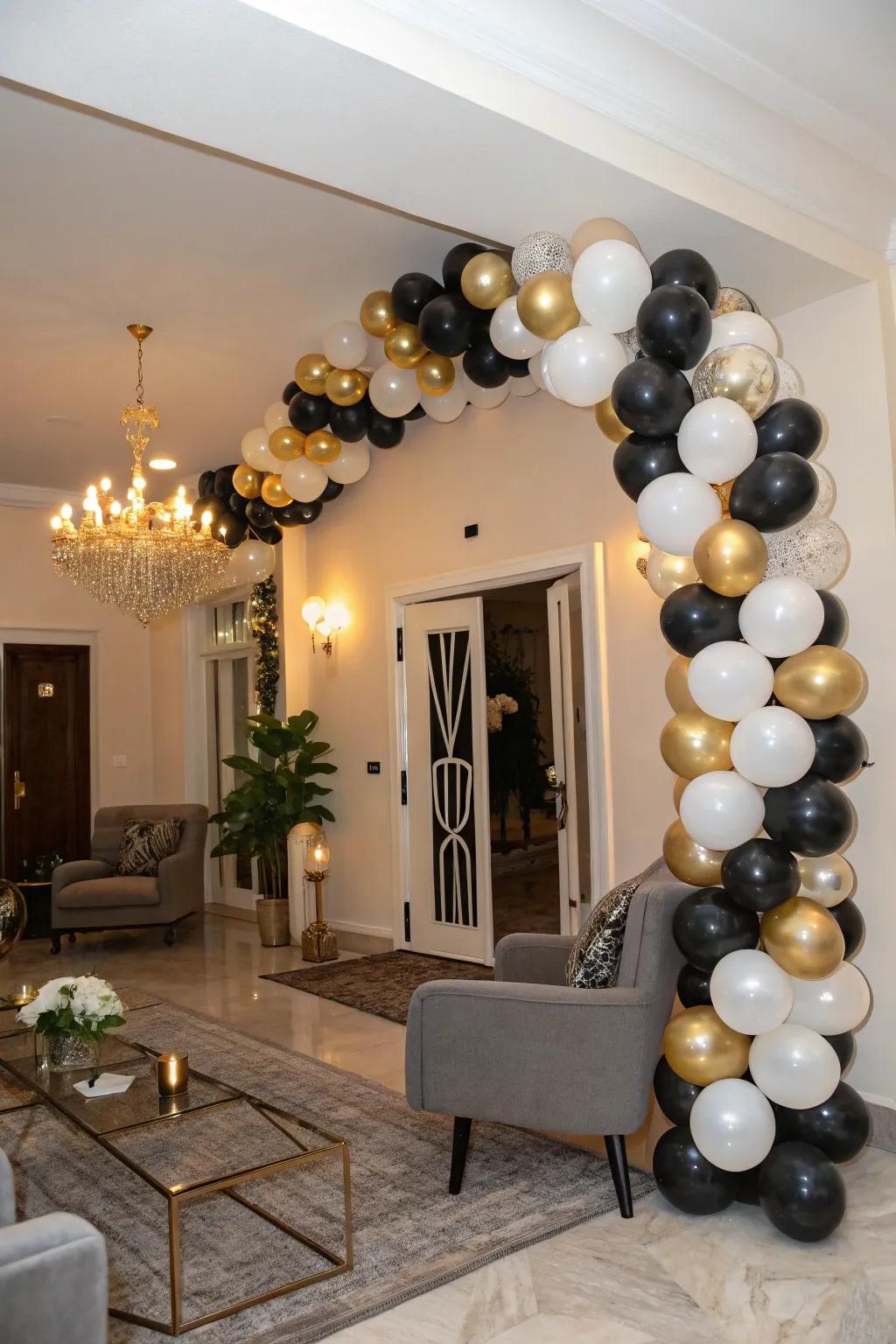 A refined balloon arch in classic New Year's colors, ideally suited for making a grand entrance.