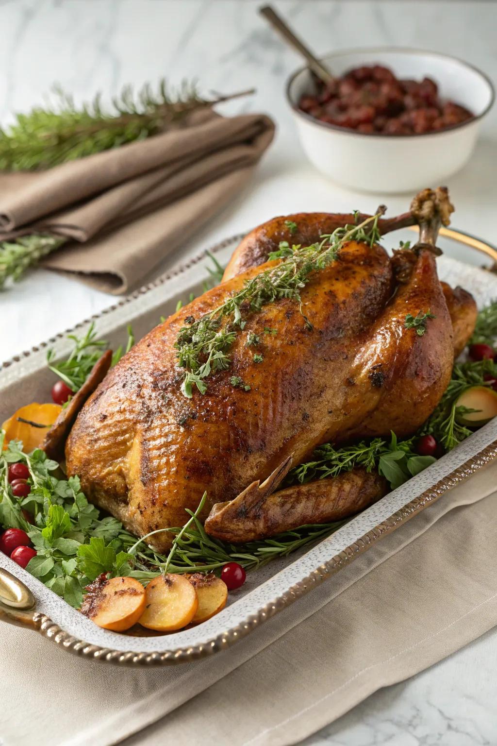 A flawlessly roasted duck, adding a dash of elegance to your New Year's Day feast.