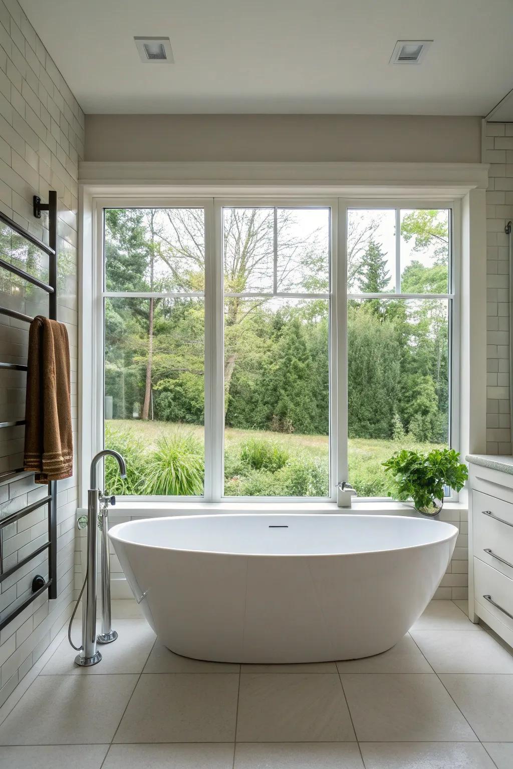 An elegant freestanding bathtub positioned near a large window.