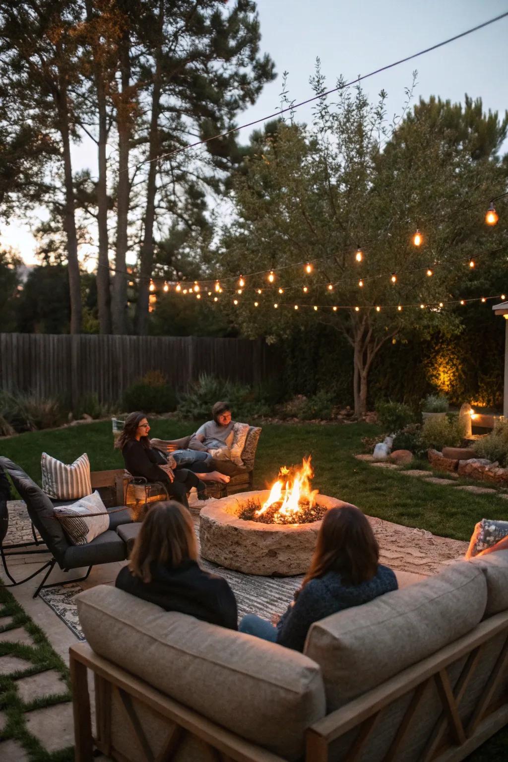 A bonfire area makes a cozy gathering point for your evening.