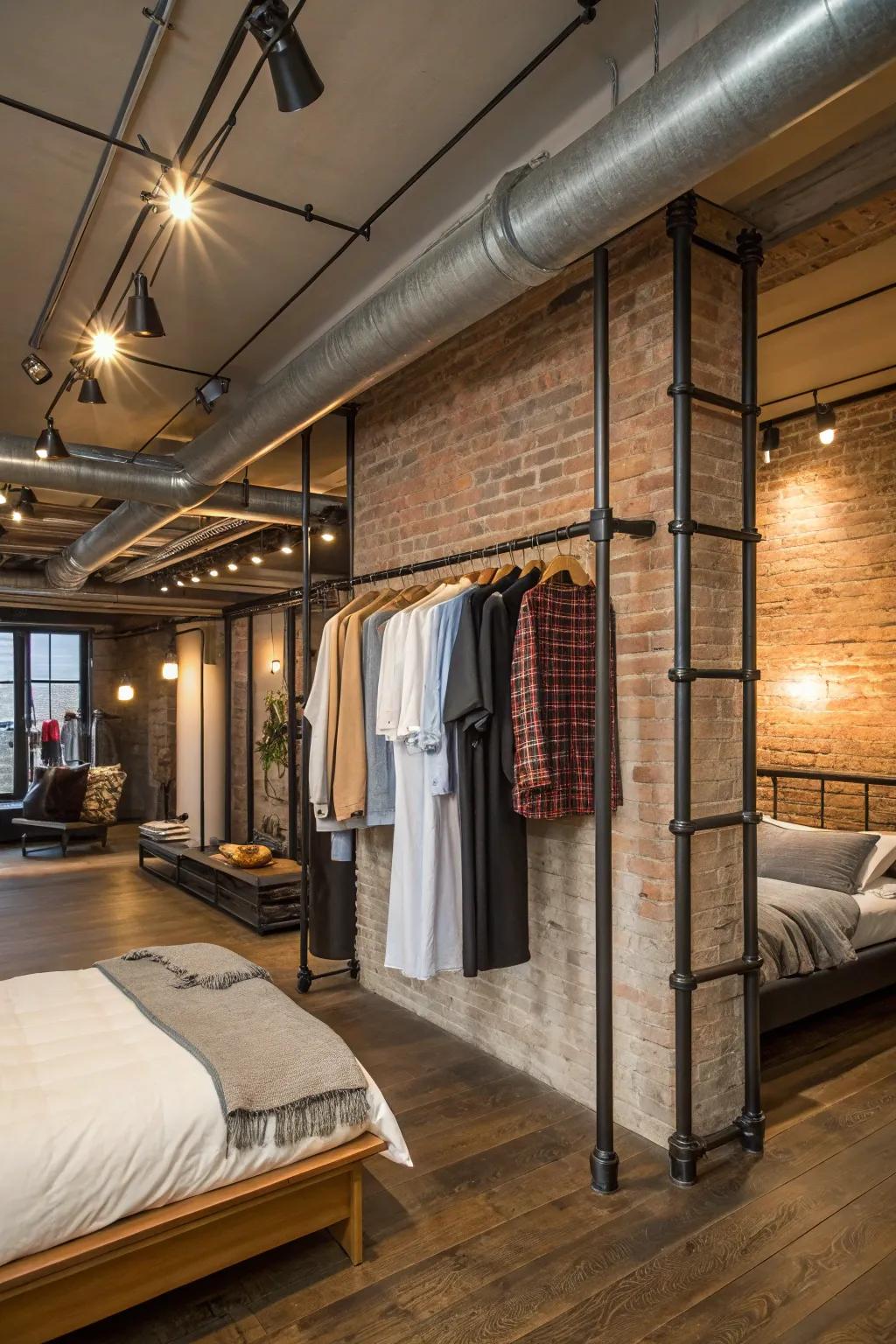 Piping from the ceiling creates an industrial-chic ambiance.