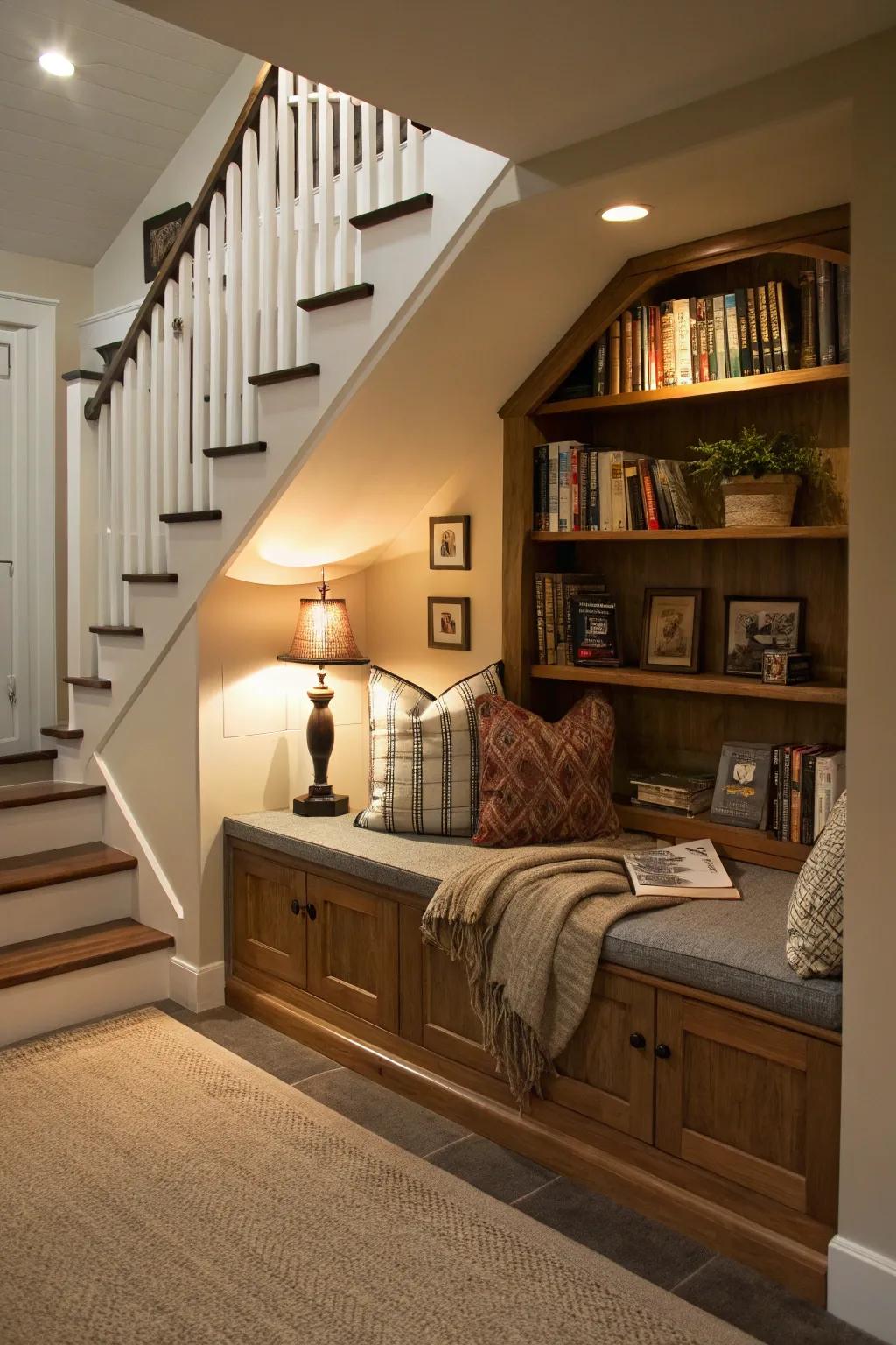 A stairway nook provides a hidden retreat with comfortable seating and plentiful book storage.