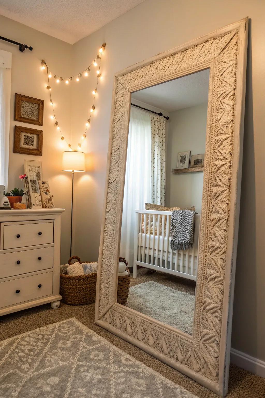 A detailed reflector with a unique trim steals the show in this nursery.