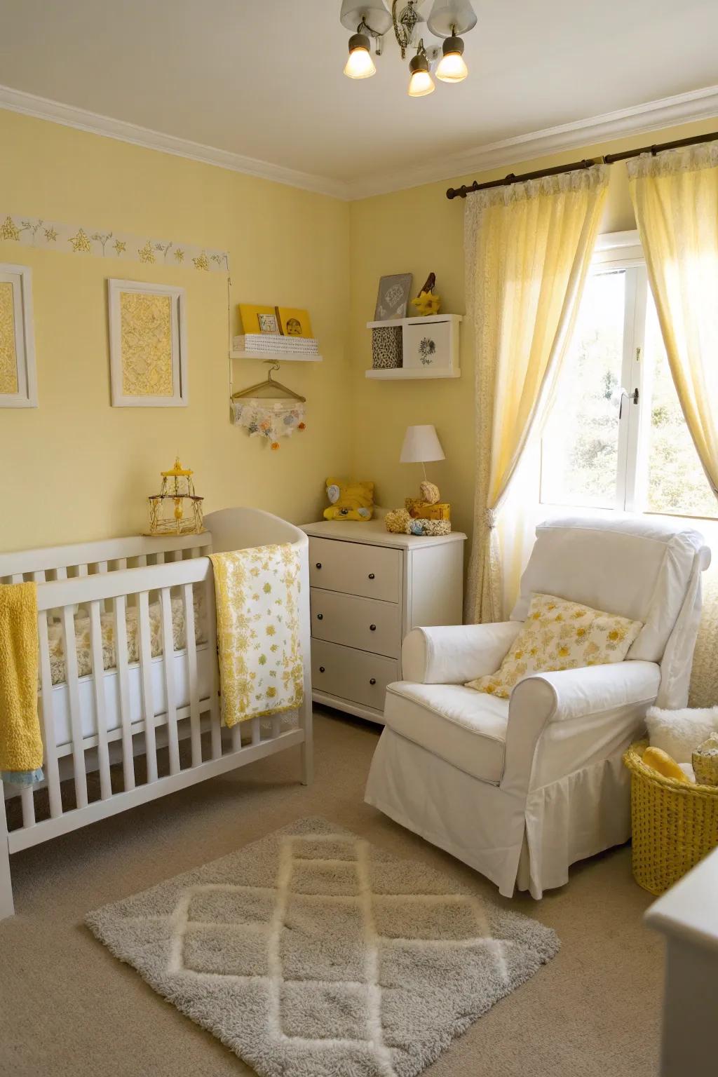 A lively nursery enhanced with golden yellow hints.