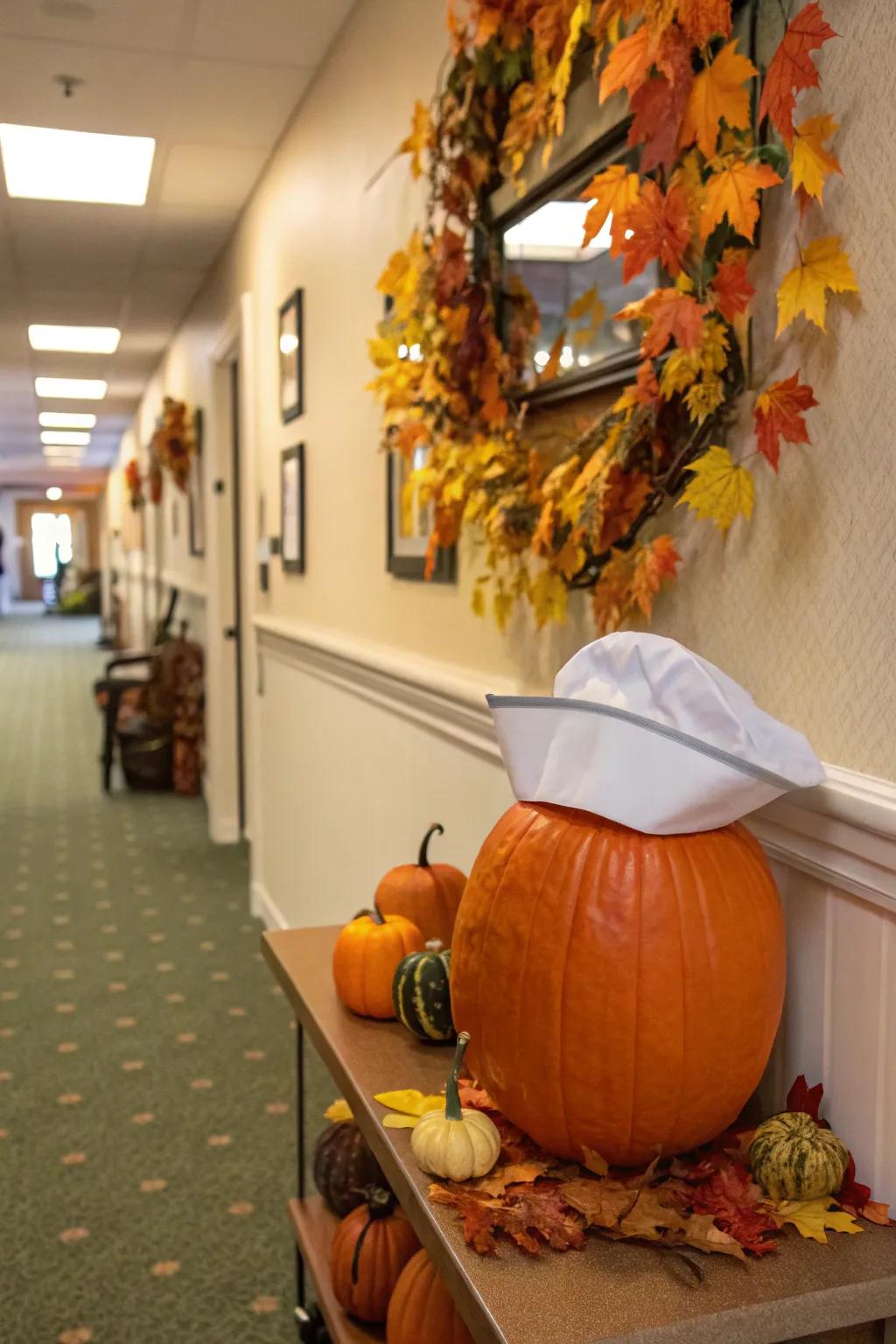 A pumpkin with a caregiver's headpiece brings a sense of nostalgia.