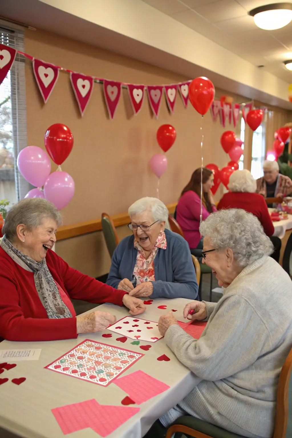 Residents enjoying a Valentine's bingo game filled with smiles and laughter.