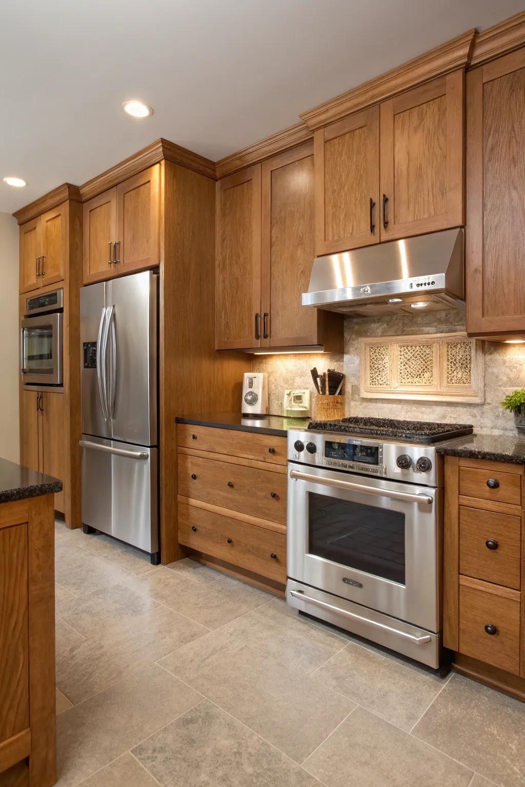Modern converges with classic with metal appliances in an oak kitchen.