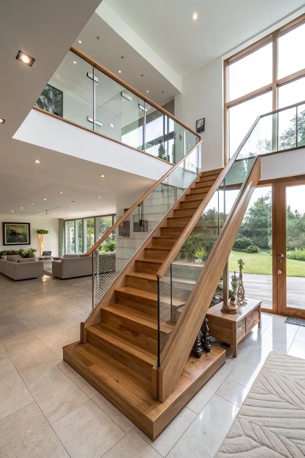 A trendy fusion of oak and crystal for a stylish staircase appearance.