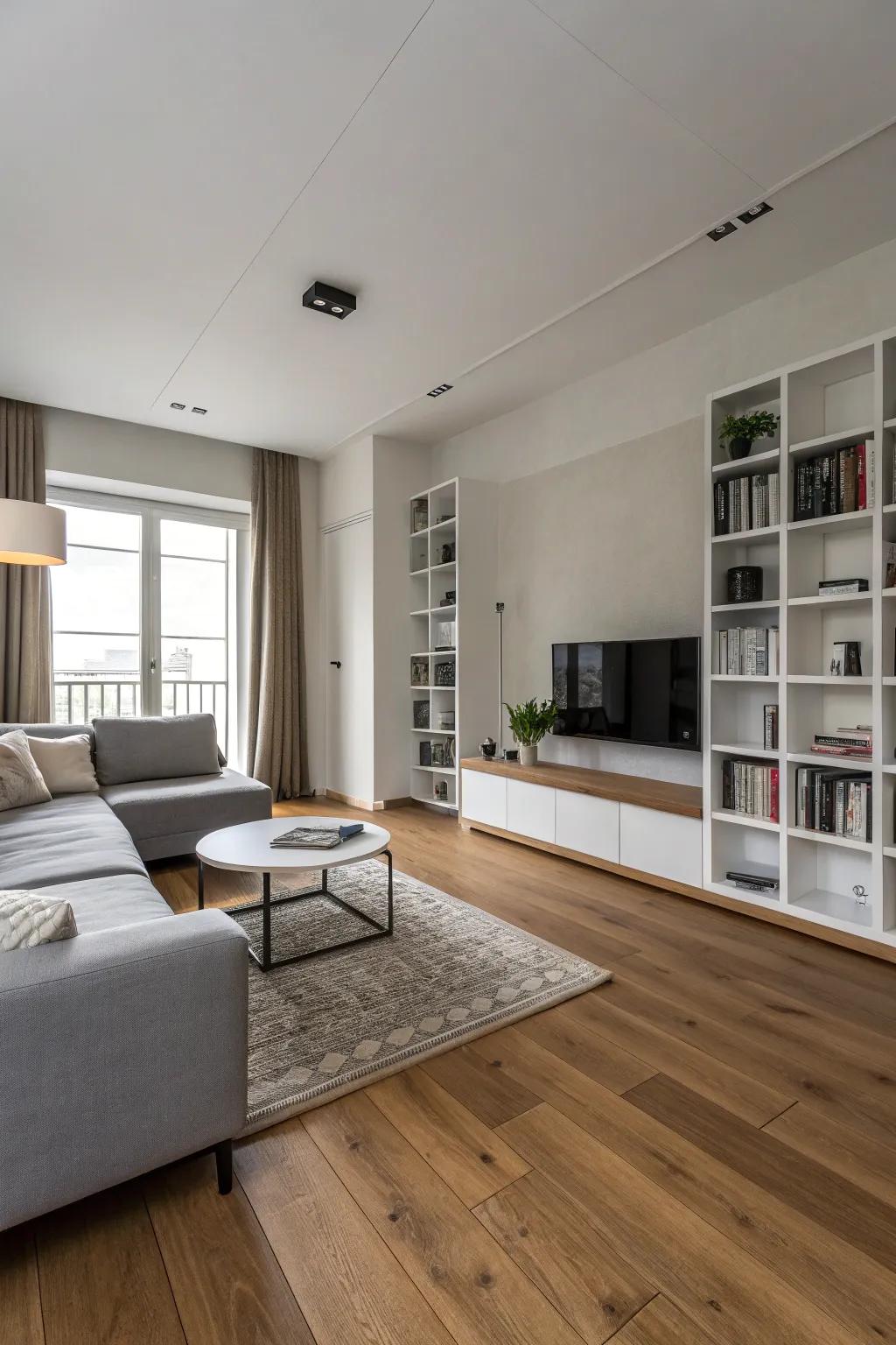 A minimalist family room design which emphasizes the beauty of the oak flooring.