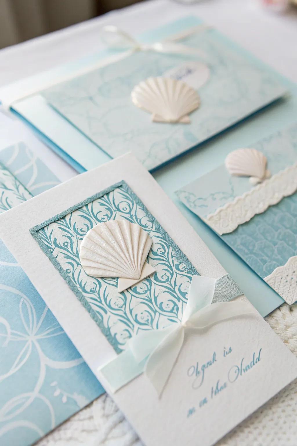 Announcement postcards showcasing fragile sea life patterns to create the ultimate shoreline feel.