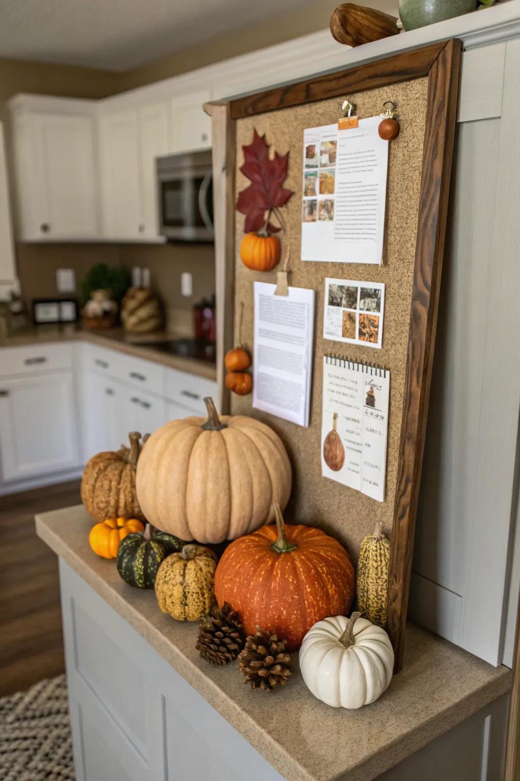 A kitchen corner bulletin board designed as a pumpkin patch.