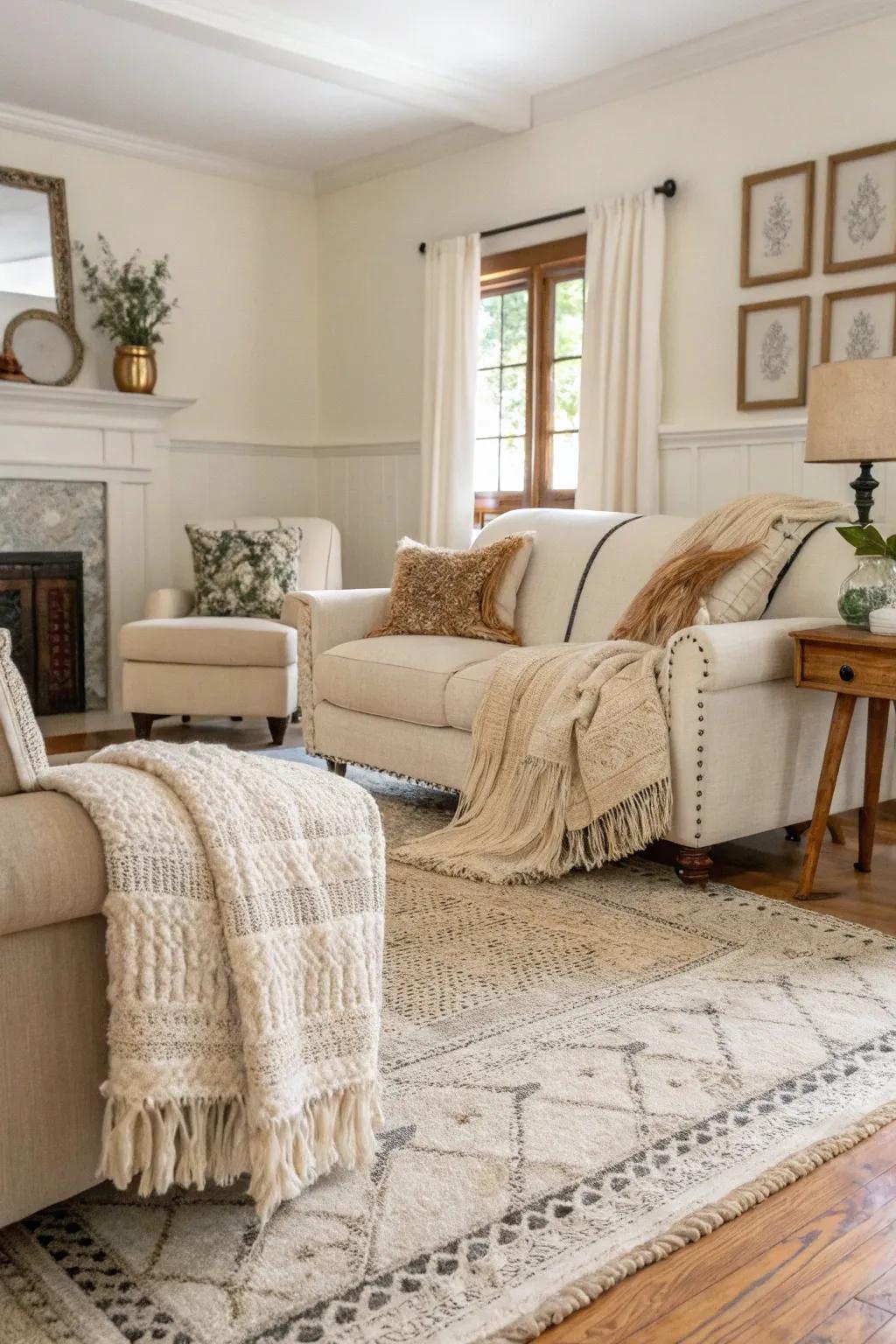 Textured layers transform an off white living room into a cozy haven.