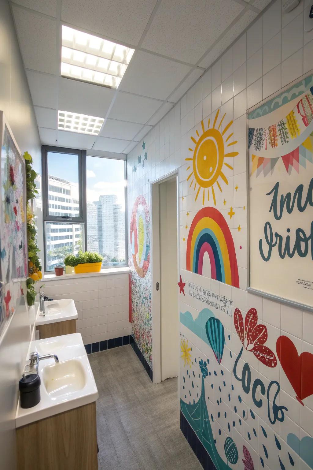 Wall art infuses a personal touch and vibrant energy into the office bathroom.