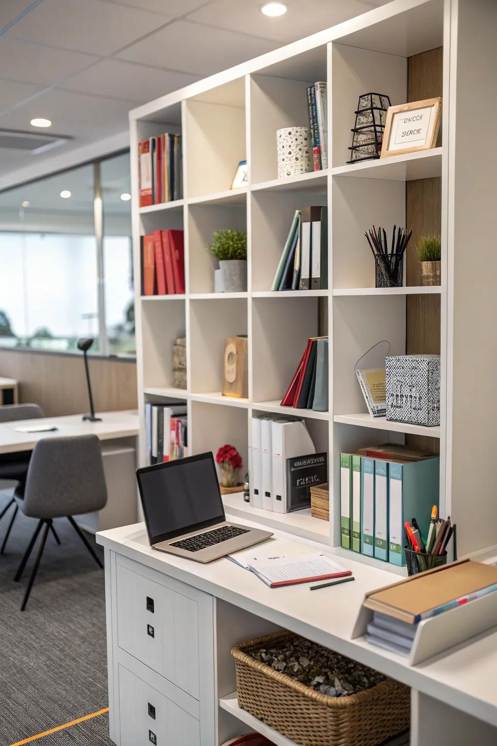 An integrated desk and bookshelf for a smooth home office.