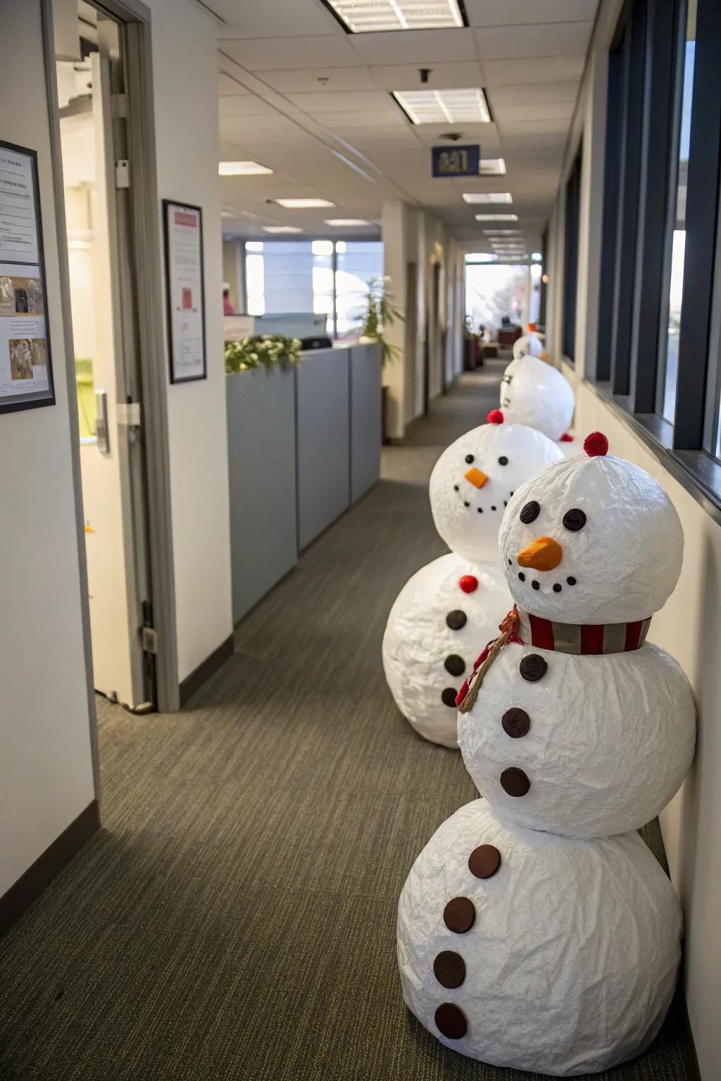 Snowman figures bestow a frosty allure to the office corridors.