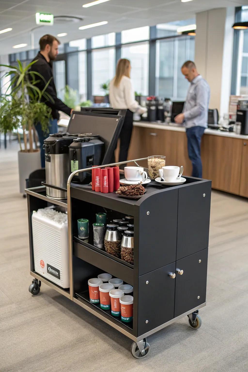 A portable coffee cart introduces flexibility and flair to your workspace.