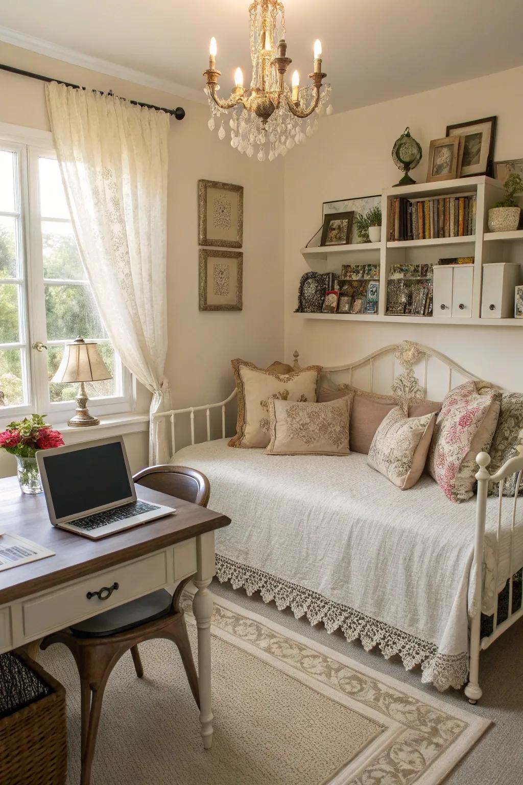 A vintage daybed bestows personality and refinement to any home office.