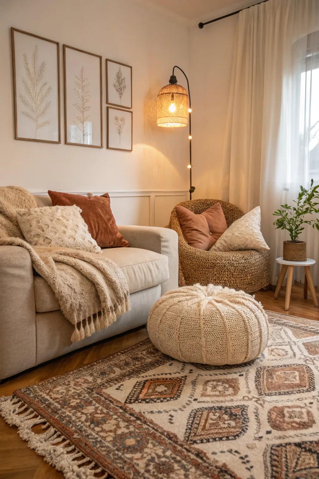 Muted shades foster a tranquil and inviting ambiance.