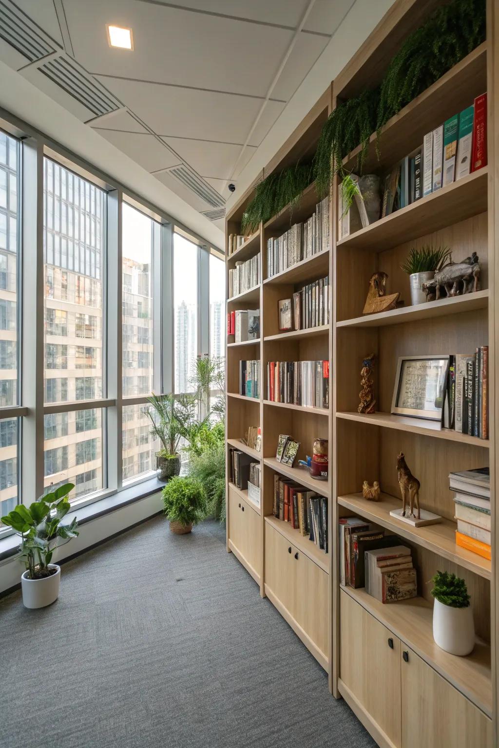 Extensive bookshelves stretching to the ceiling offer plenty of storage and infuse sophistication into any office reading room.