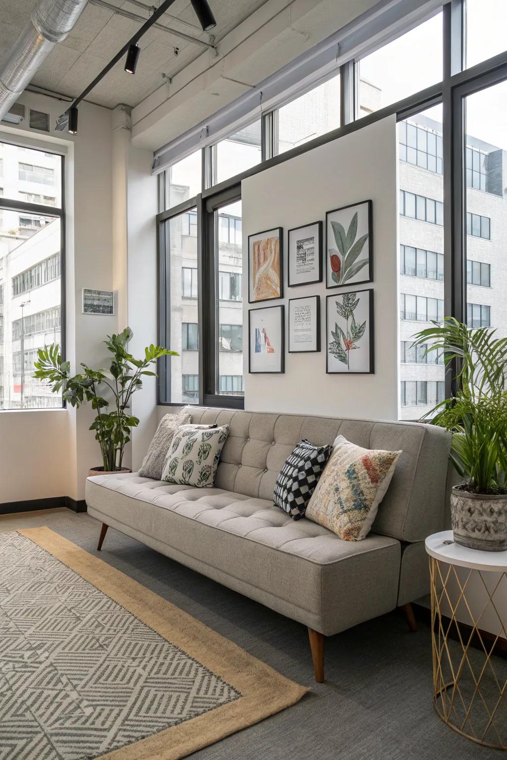 A stylish and elegant sleeper sofa elevates the office's aesthetic.