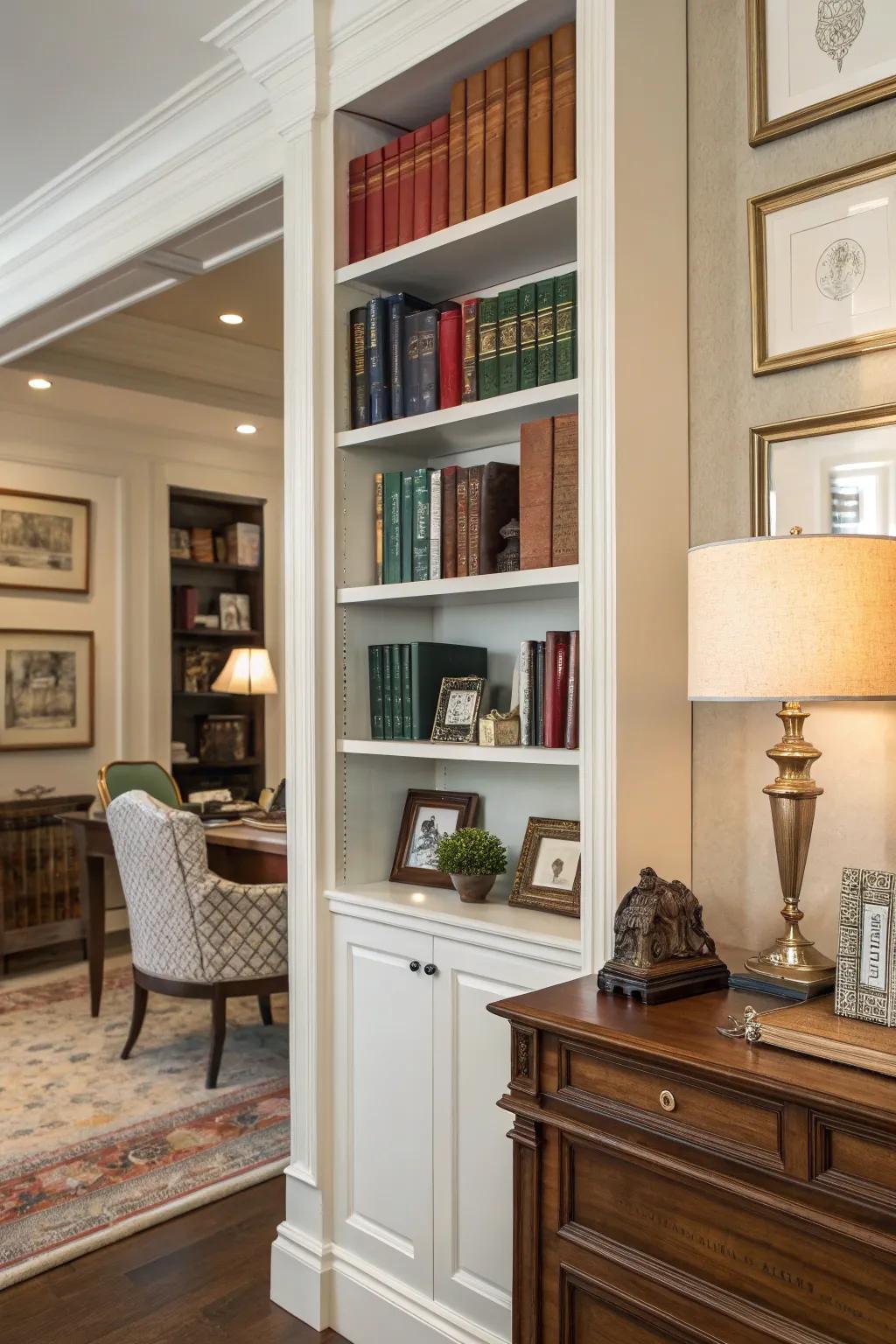 Shelves decorated with books and ornaments add academic appeal to your Zoom scene.