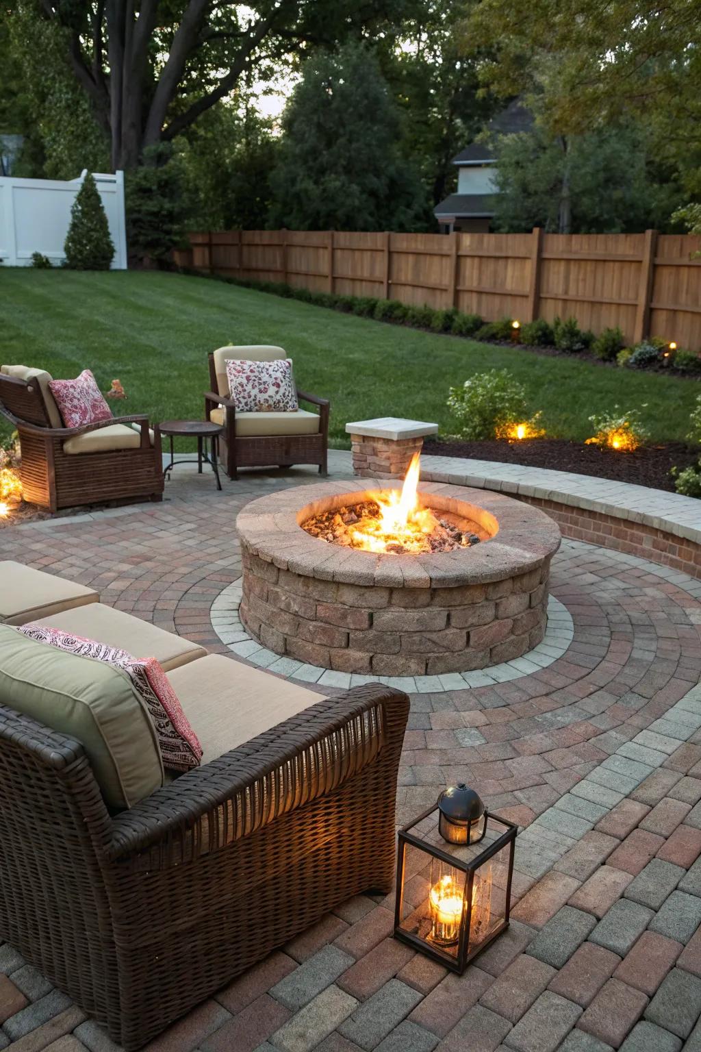 An inviting bonfire spot transforms this brick patio into an evening retreat