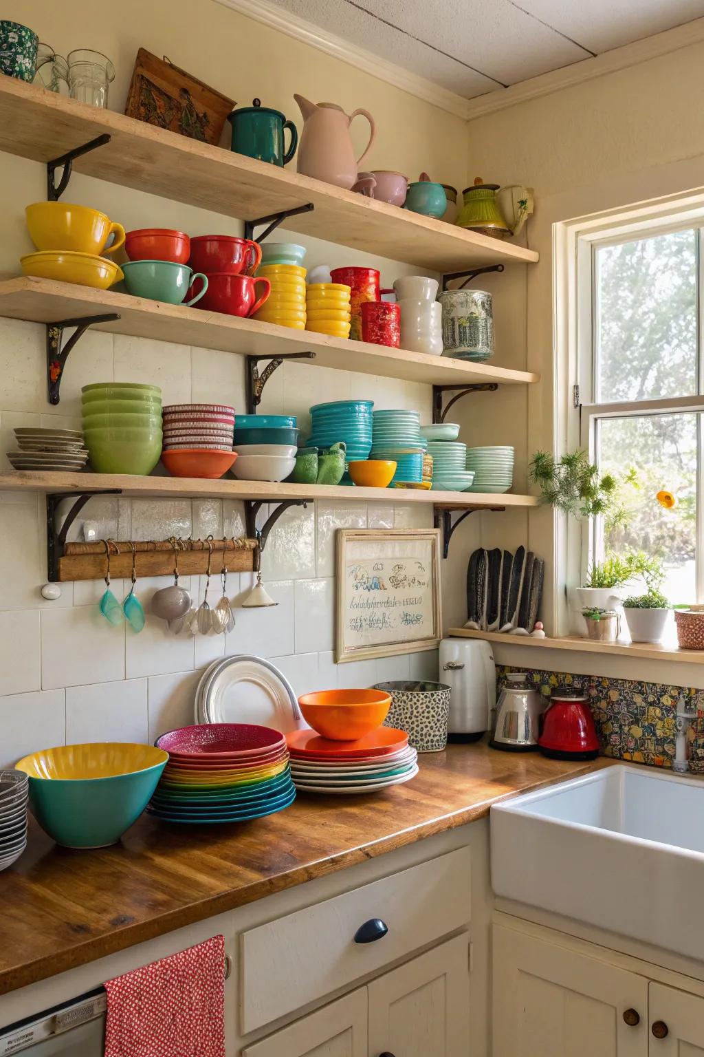 Open display shelves bring both charm and usefulness to your kitchen space.